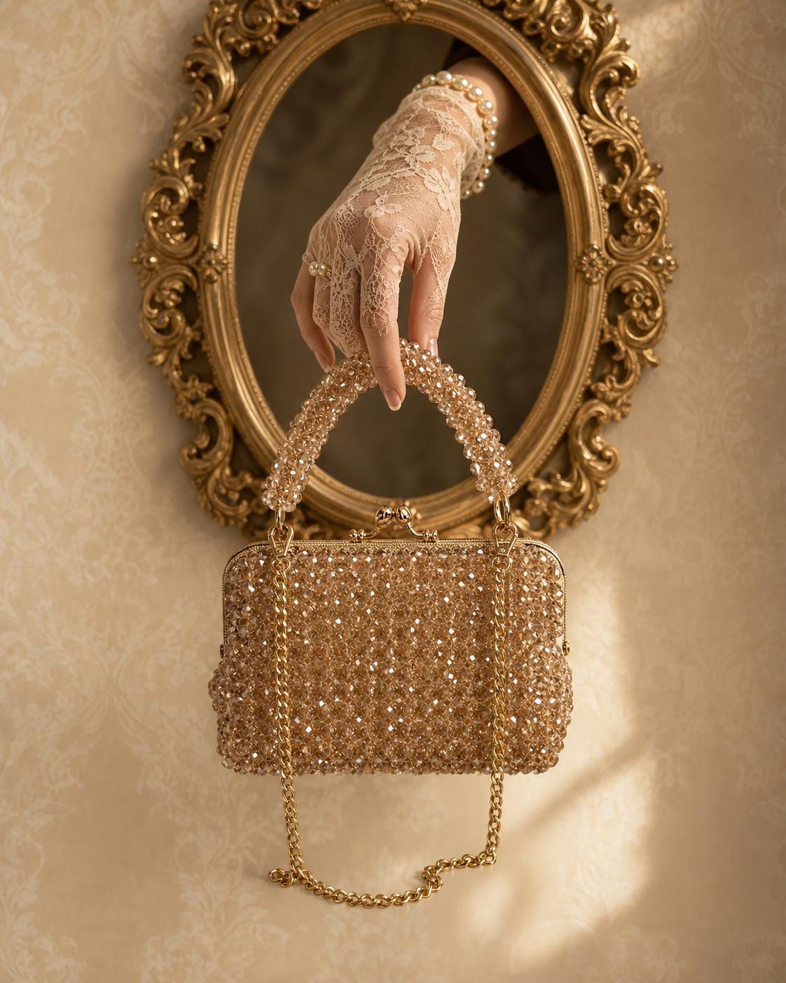 Champagne Crystal Beaded Evening Bag, Gold Chain Clutch Purse, Bridal Party Handbag
