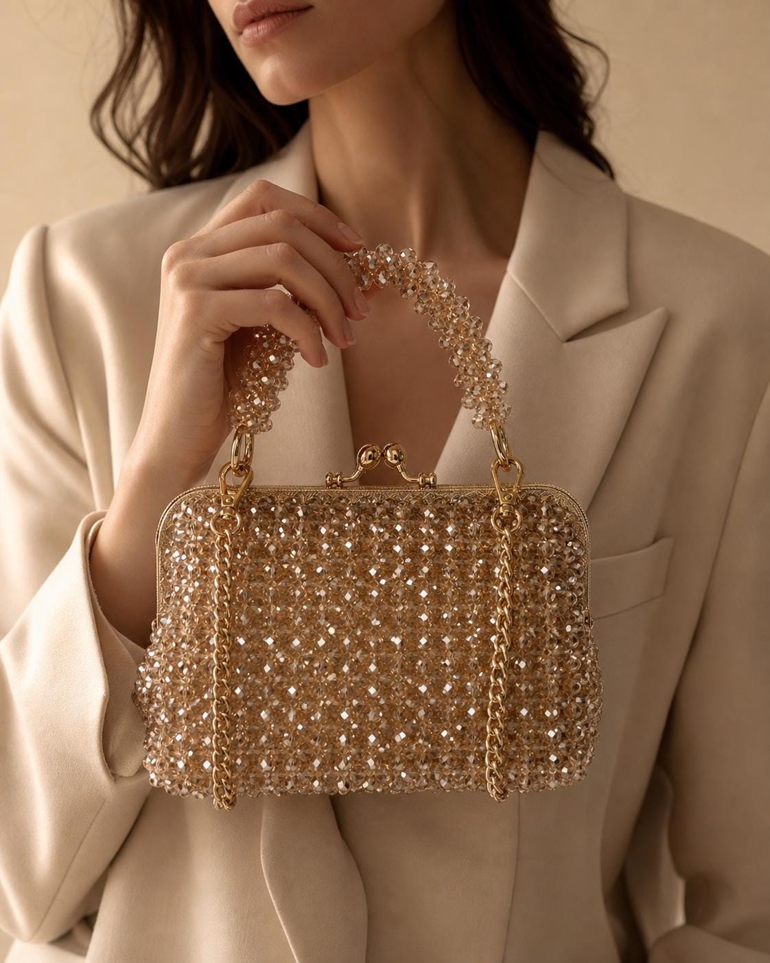 Champagne Crystal Beaded Evening Bag, Gold Chain Clutch Purse, Bridal Party Handbag