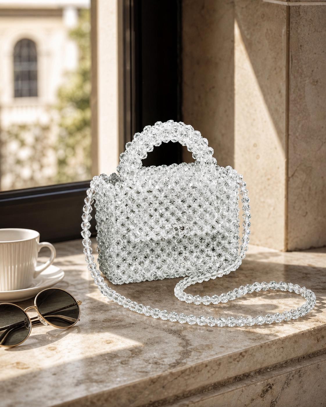 Handmade Crystal Bead Purse, Clear Acrylic Evening Bag, Bridal Wedding Handbag, Elegant Crossbody Clutch