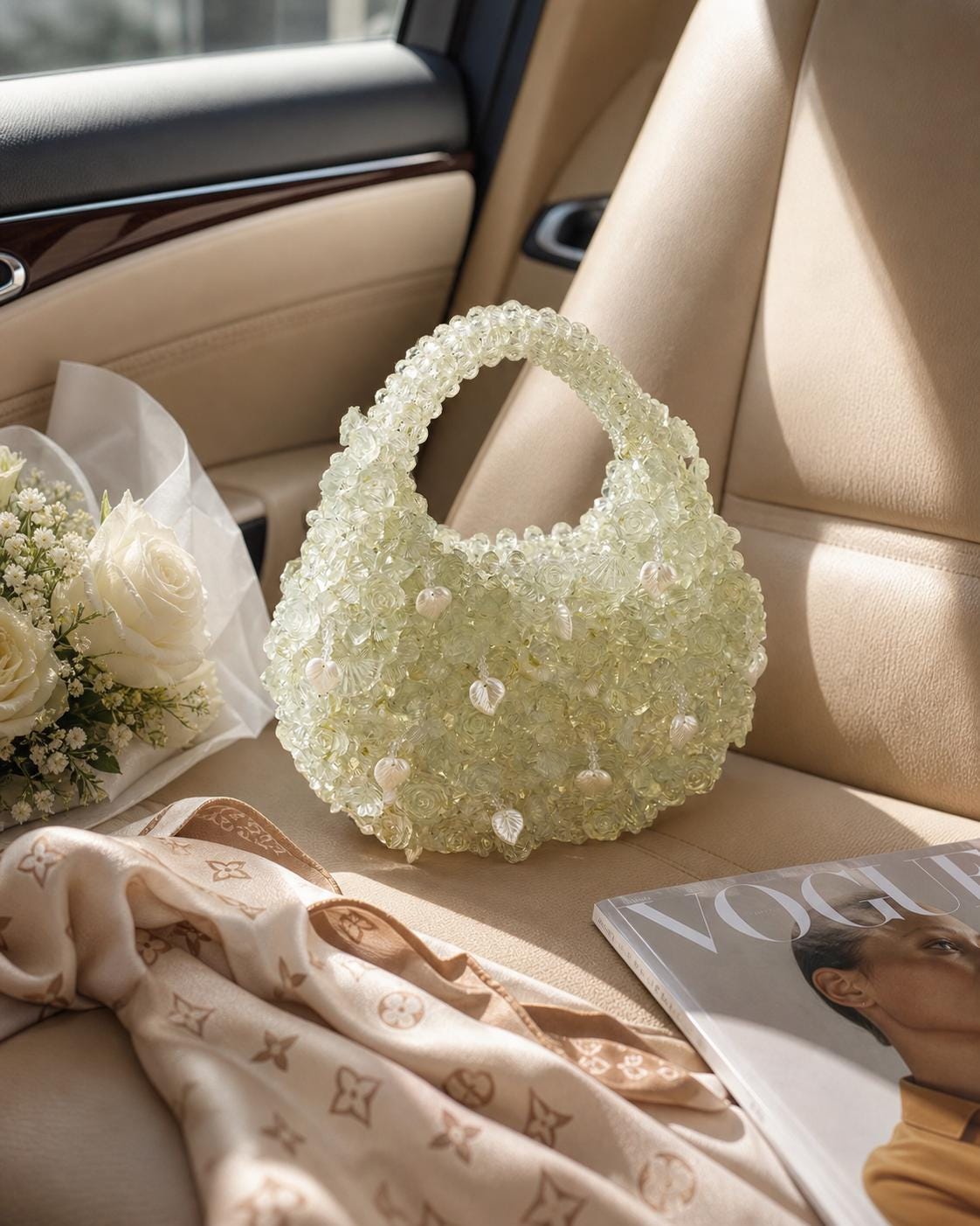 Ivory Floral Beaded Handbag, Pearl Wedding Purse, Bridal Top Handle Bag, Evening Clutch