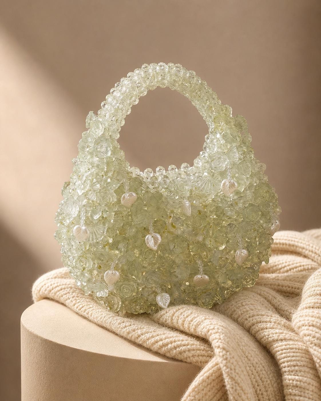 Ivory Floral Beaded Handbag, Pearl Wedding Purse, Bridal Top Handle Bag, Evening Clutch