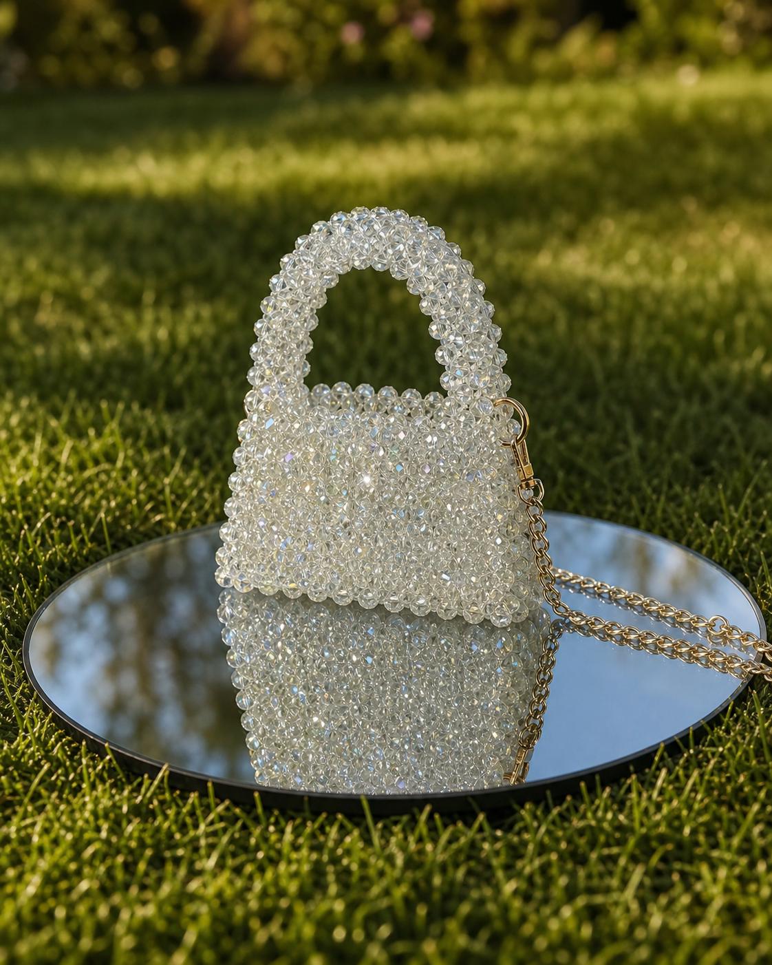 Handmade Crystal Beaded Mini Handbag, Pearl White Evening Purse, Gold Chain Bridal Clutch