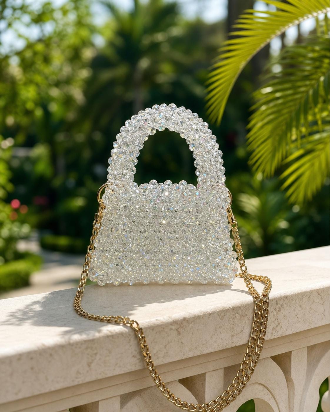 Handmade Crystal Beaded Mini Handbag, Pearl White Evening Purse, Gold Chain Bridal Clutch