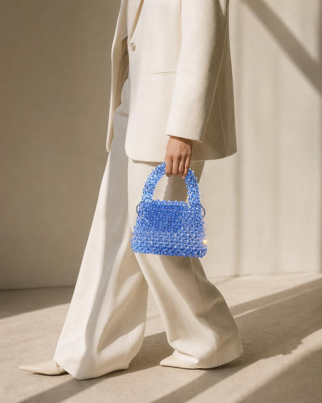 Handmade Blue Crystal Beaded Handbag | Acrylic Mini Tote Purse for Special Occasions