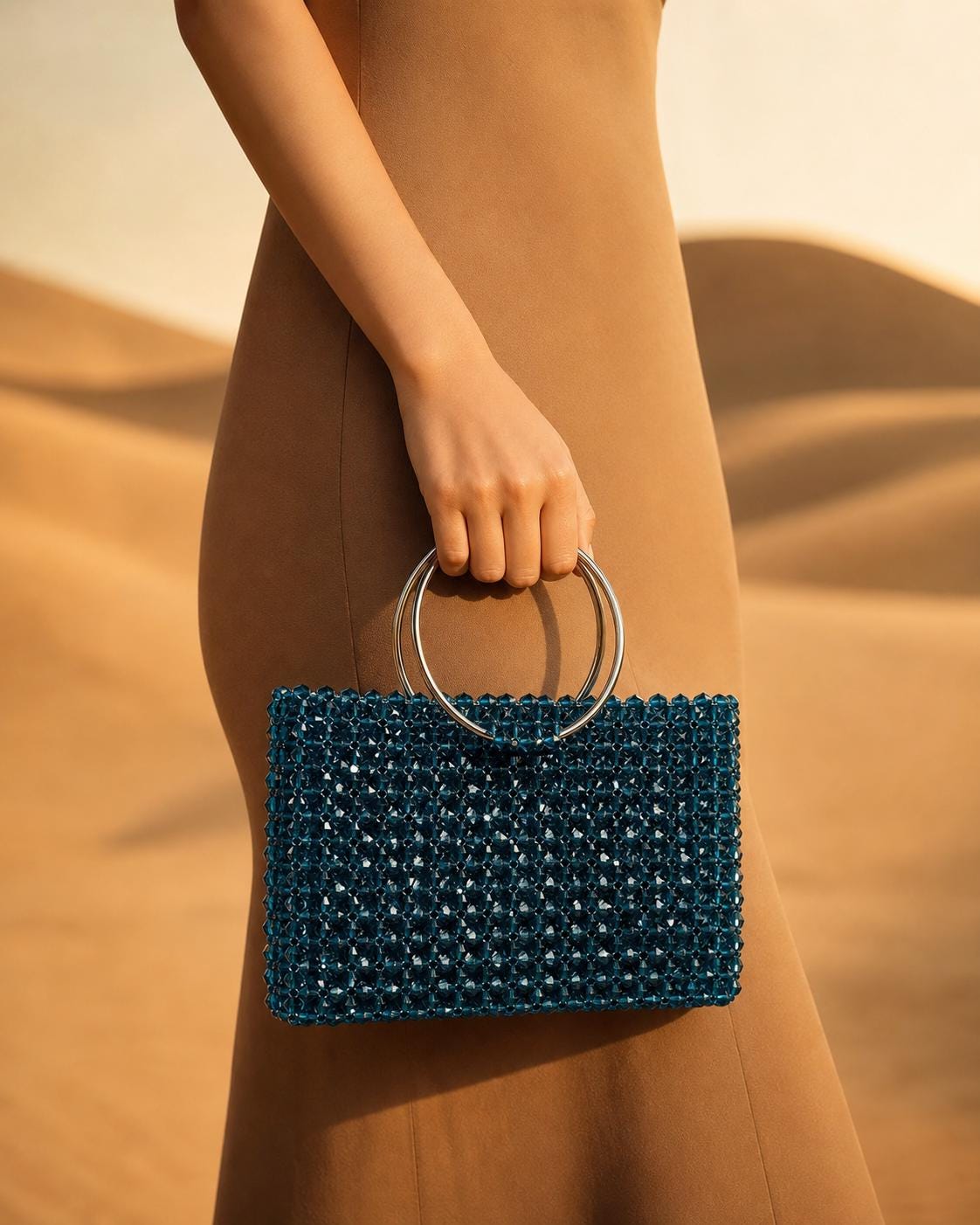 Blue Crystal Beaded Tote Bag | Handmade Acrylic Beads, Metal Ring Handles, Party Purse
