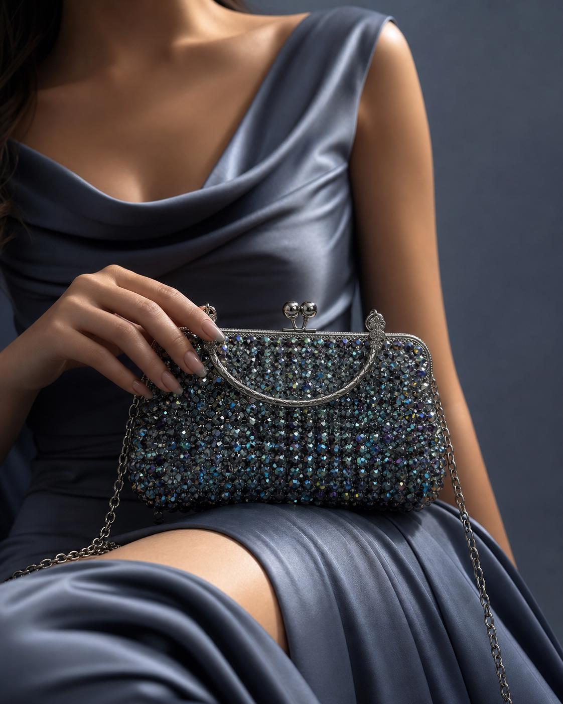 Sparkling Crystal Rhinestone Clutch | Evening Bridal Handbag, Silver Chain Party Purse