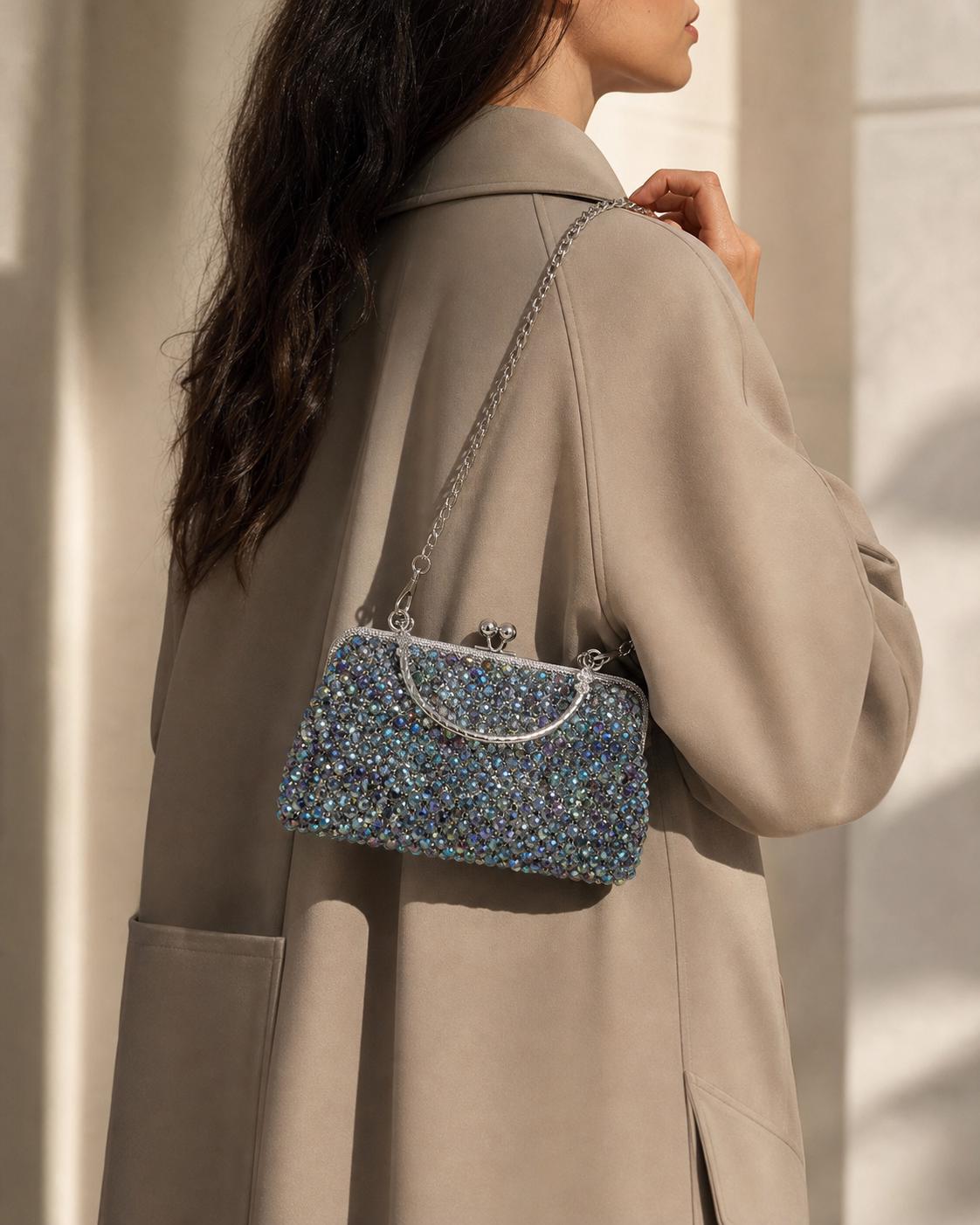 Sparkling Crystal Rhinestone Clutch | Evening Bridal Handbag, Silver Chain Party Purse