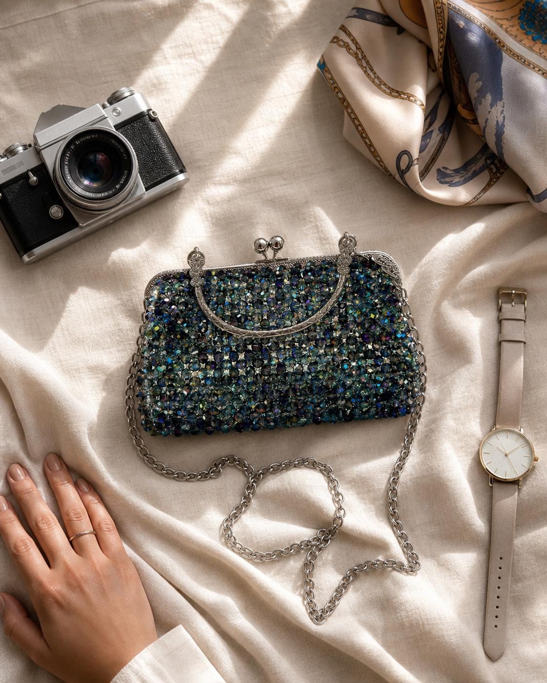 Sparkling Crystal Rhinestone Clutch | Evening Bridal Handbag, Silver Chain Party Purse