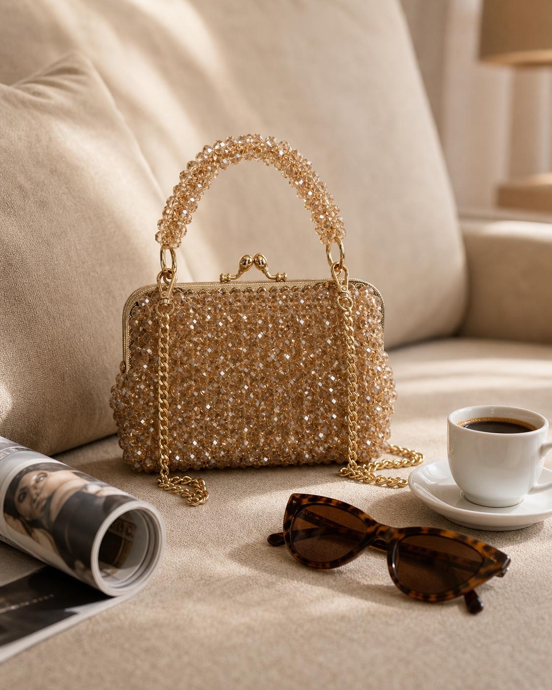 Champagne Crystal Beaded Evening Bag, Gold Chain Clutch Purse, Bridal Party Handbag