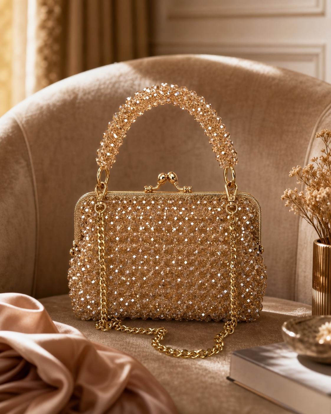 Champagne Crystal Beaded Evening Bag, Gold Chain Clutch Purse, Bridal Party Handbag