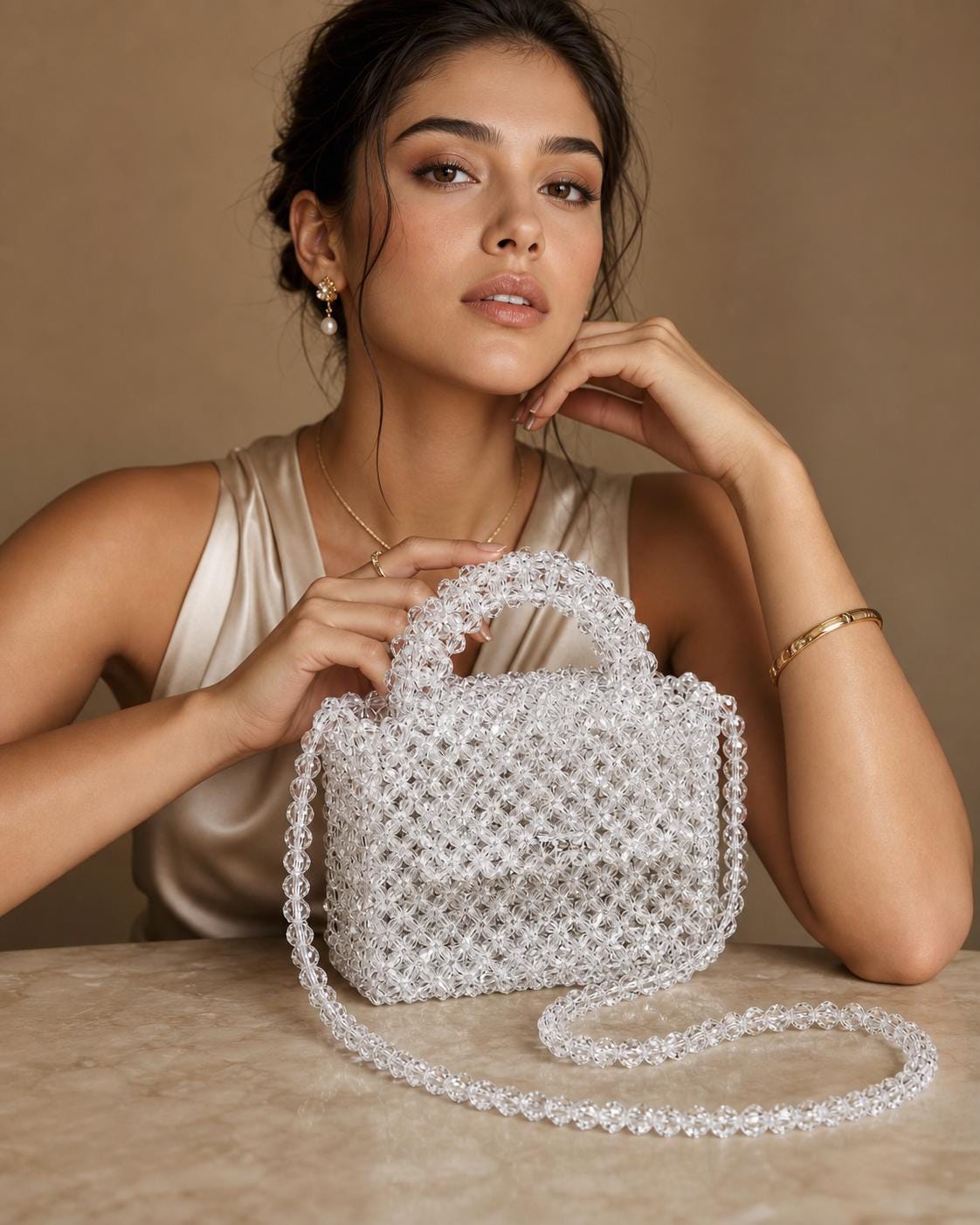 Handmade Crystal Bead Purse, Clear Acrylic Evening Bag, Bridal Wedding Handbag, Elegant Crossbody Clutch