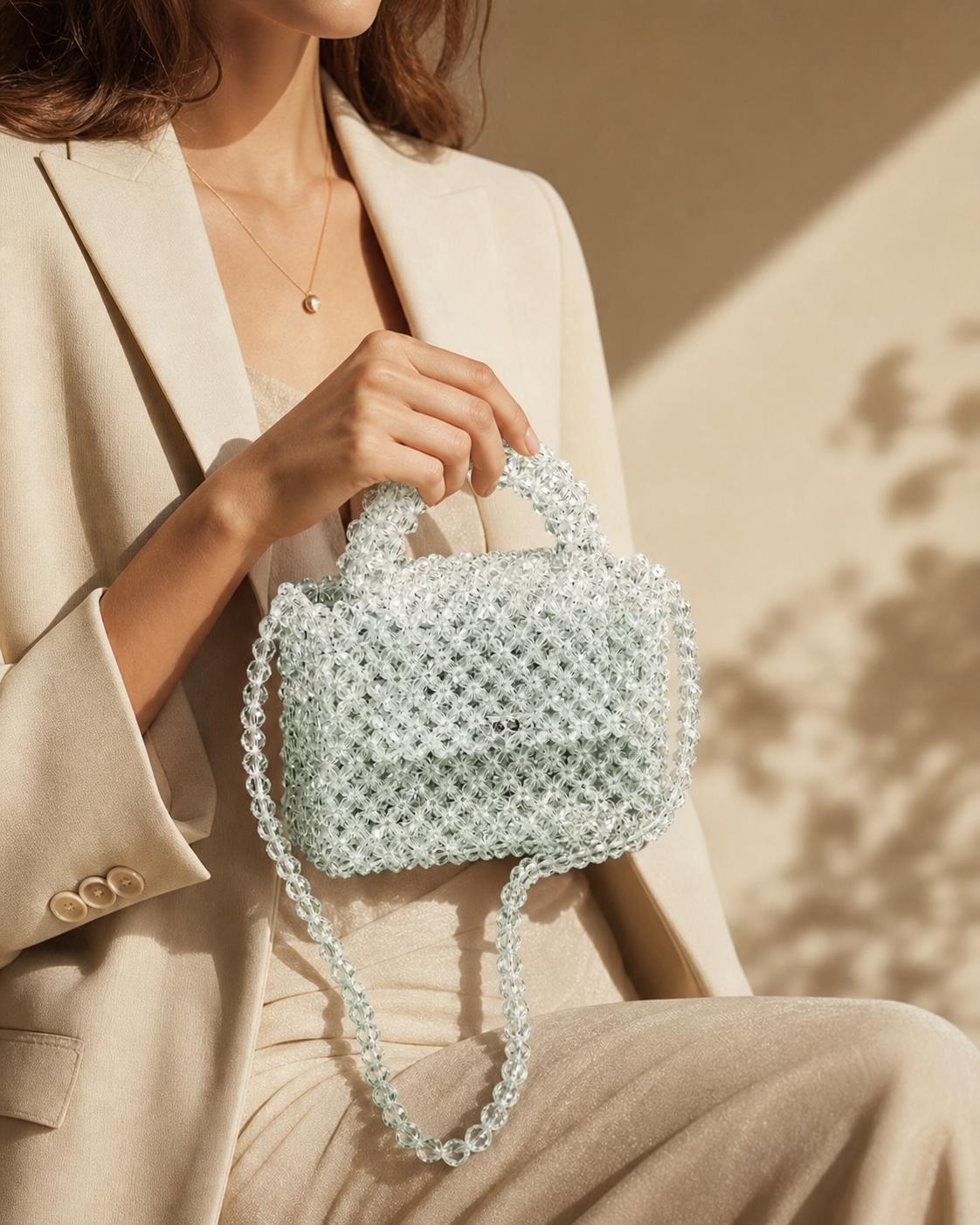 Handmade Crystal Bead Purse, Clear Acrylic Evening Bag, Bridal Wedding Handbag, Elegant Crossbody Clutch