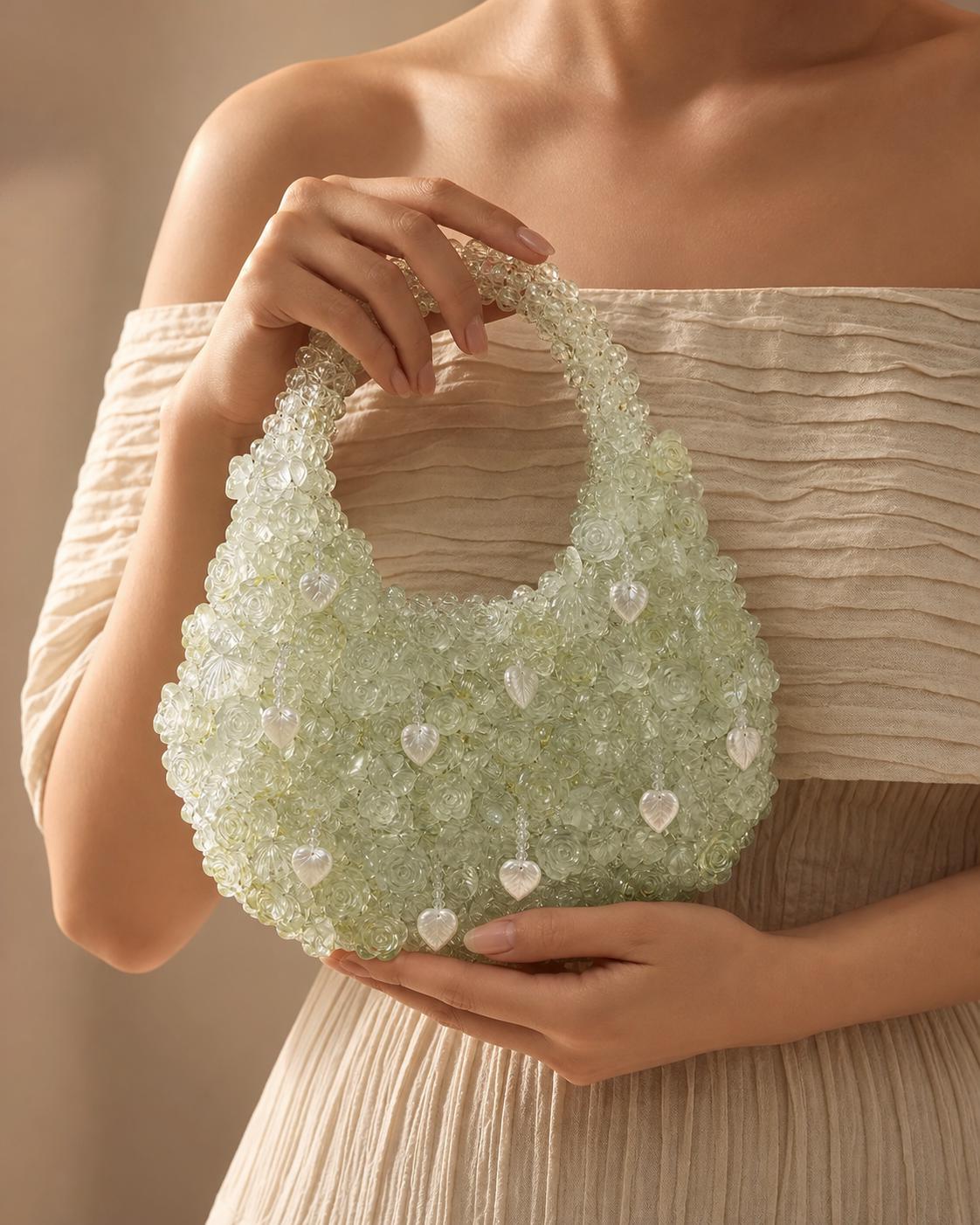Ivory Floral Beaded Handbag, Pearl Wedding Purse, Bridal Top Handle Bag, Evening Clutch