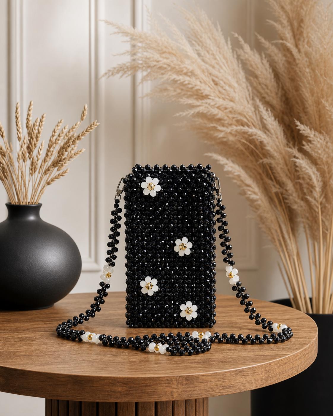 Black Beaded Sling Bag with Floral Embellishment | Mini Crossbody Party Shoulder Bag