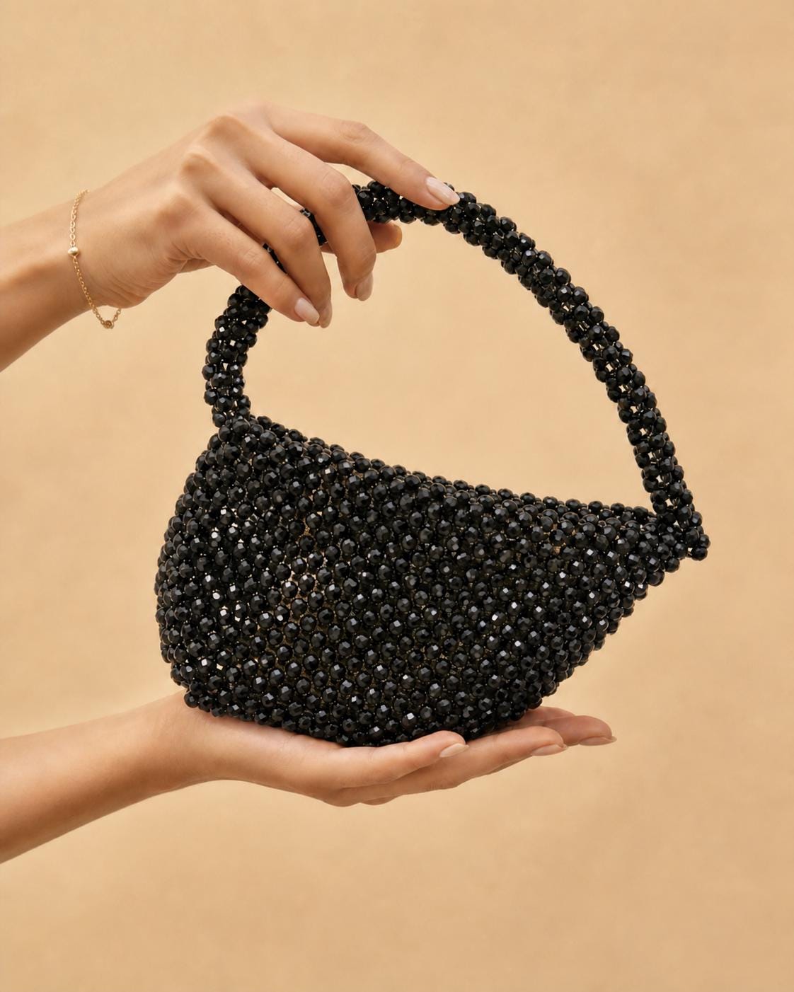 Handmade Black Crystal Beaded Top Handle Purse | Elegant Evening Clutch with Gold Pouch