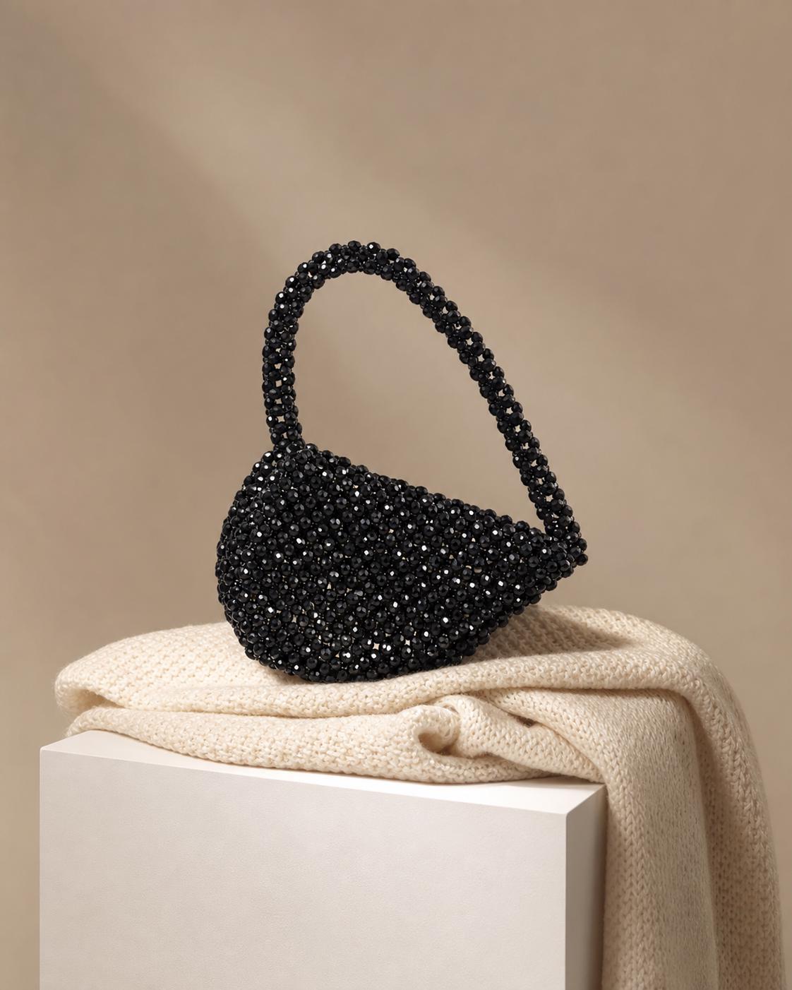 Handmade Black Crystal Beaded Top Handle Purse | Elegant Evening Clutch with Gold Pouch
