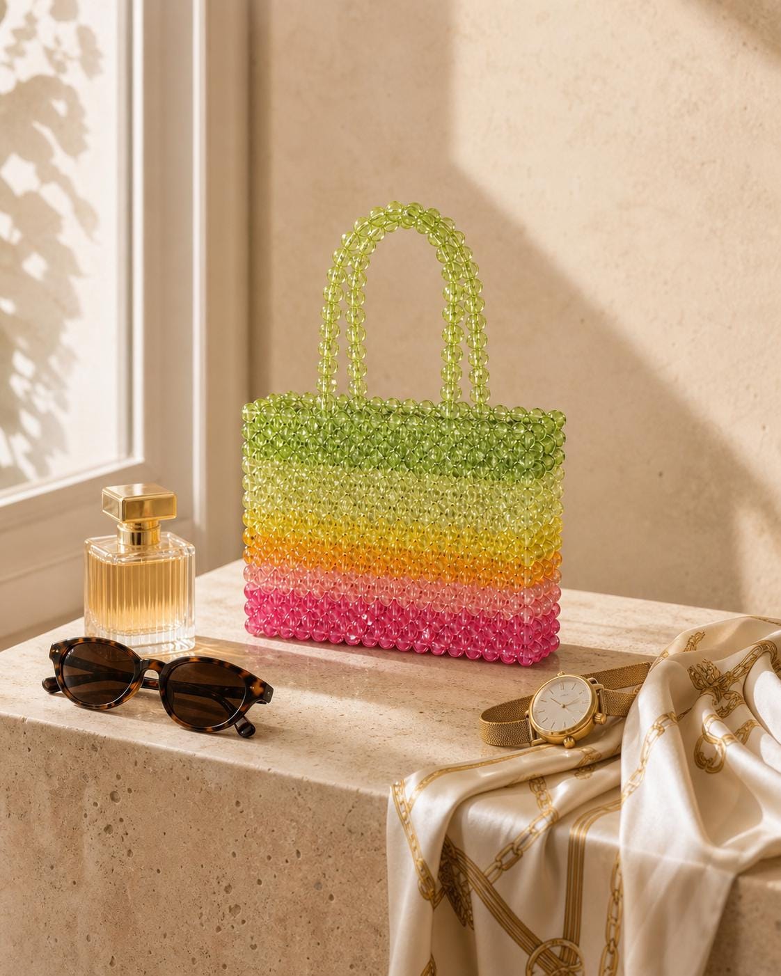 Handmade Ombre Beaded Tote Bag | Transparent Acrylic Top Handle Purse for Vacation Summer