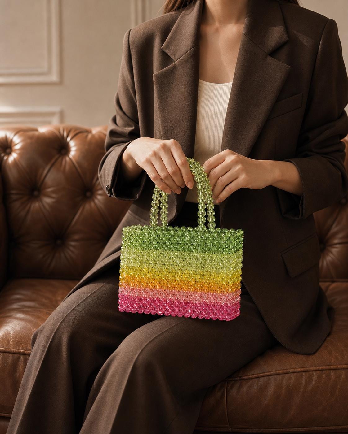 Handmade Ombre Beaded Tote Bag | Transparent Acrylic Top Handle Purse for Vacation Summer