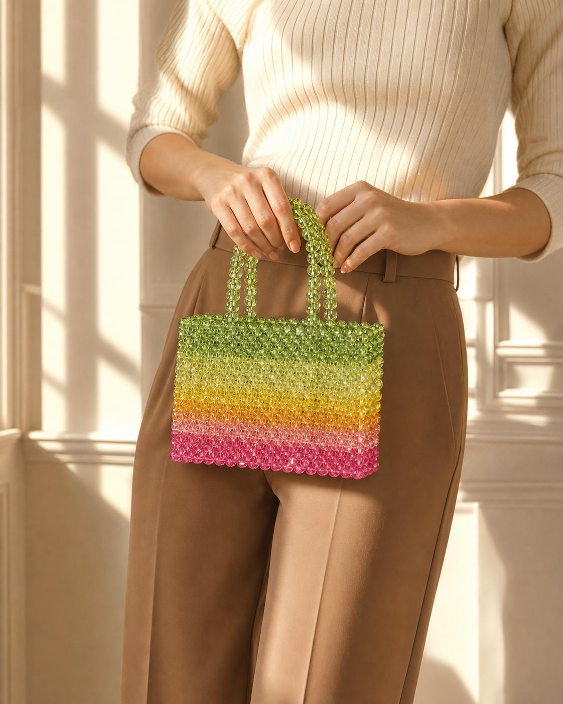 Handmade Ombre Beaded Tote Bag | Transparent Acrylic Top Handle Purse for Vacation Summer