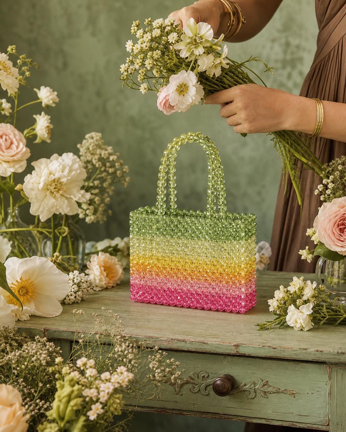 Handmade Ombre Beaded Tote Bag | Transparent Acrylic Top Handle Purse for Vacation Summer