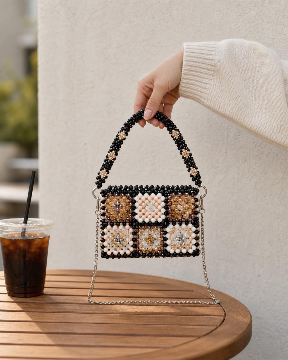 Handmade Beaded Crossbody Bag – Crystal Pearl Shoulder Purse with Chain Strap