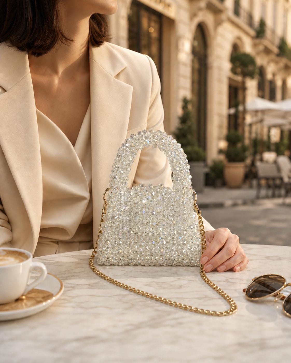 Handmade Crystal Beaded Mini Handbag, Pearl White Evening Purse, Gold Chain Bridal Clutch