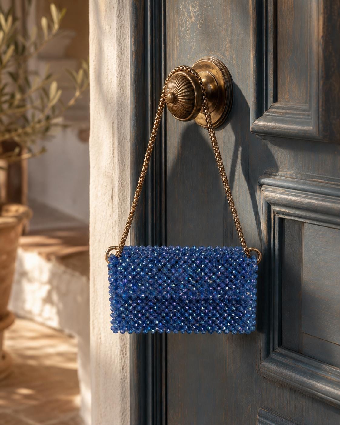 Royal Blue Crystal Beaded Clutch Purse, Gold Chain Shoulder Bag, Handmade Wedding Handbag