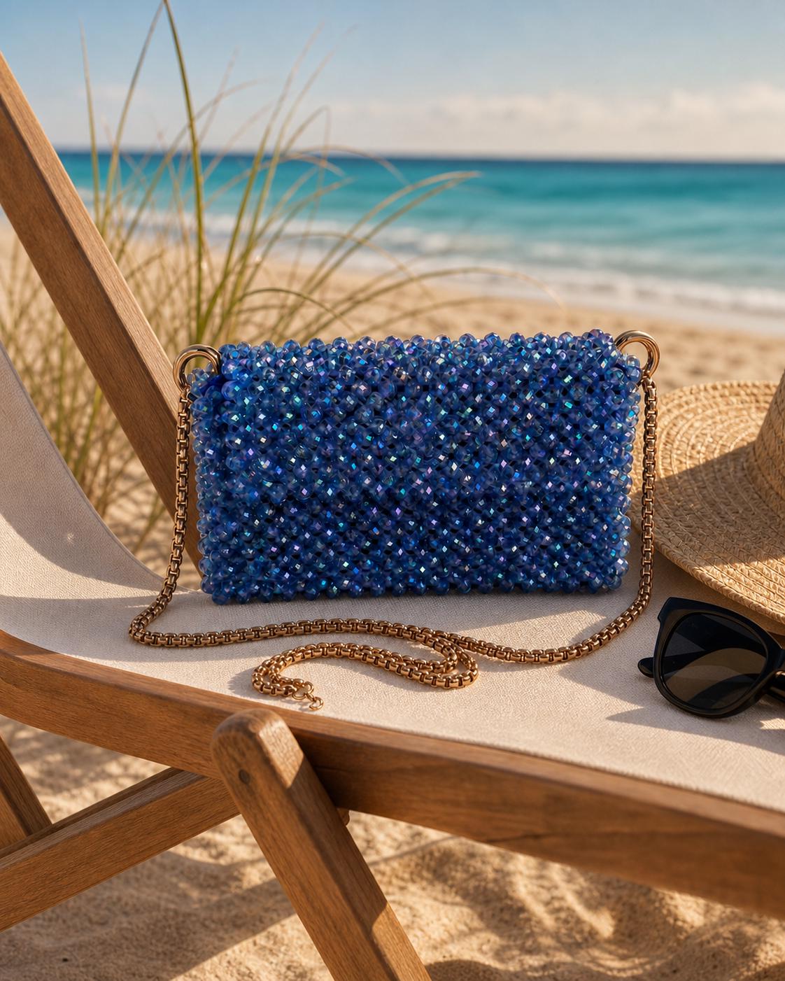 Royal Blue Crystal Beaded Clutch Purse, Gold Chain Shoulder Bag, Handmade Wedding Handbag