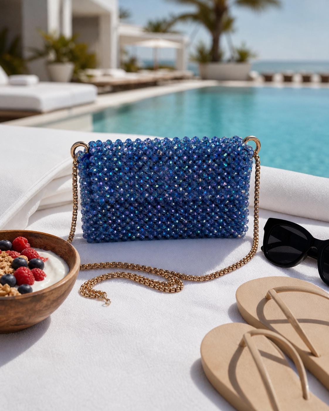 Royal Blue Crystal Beaded Clutch Purse, Gold Chain Shoulder Bag, Handmade Wedding Handbag