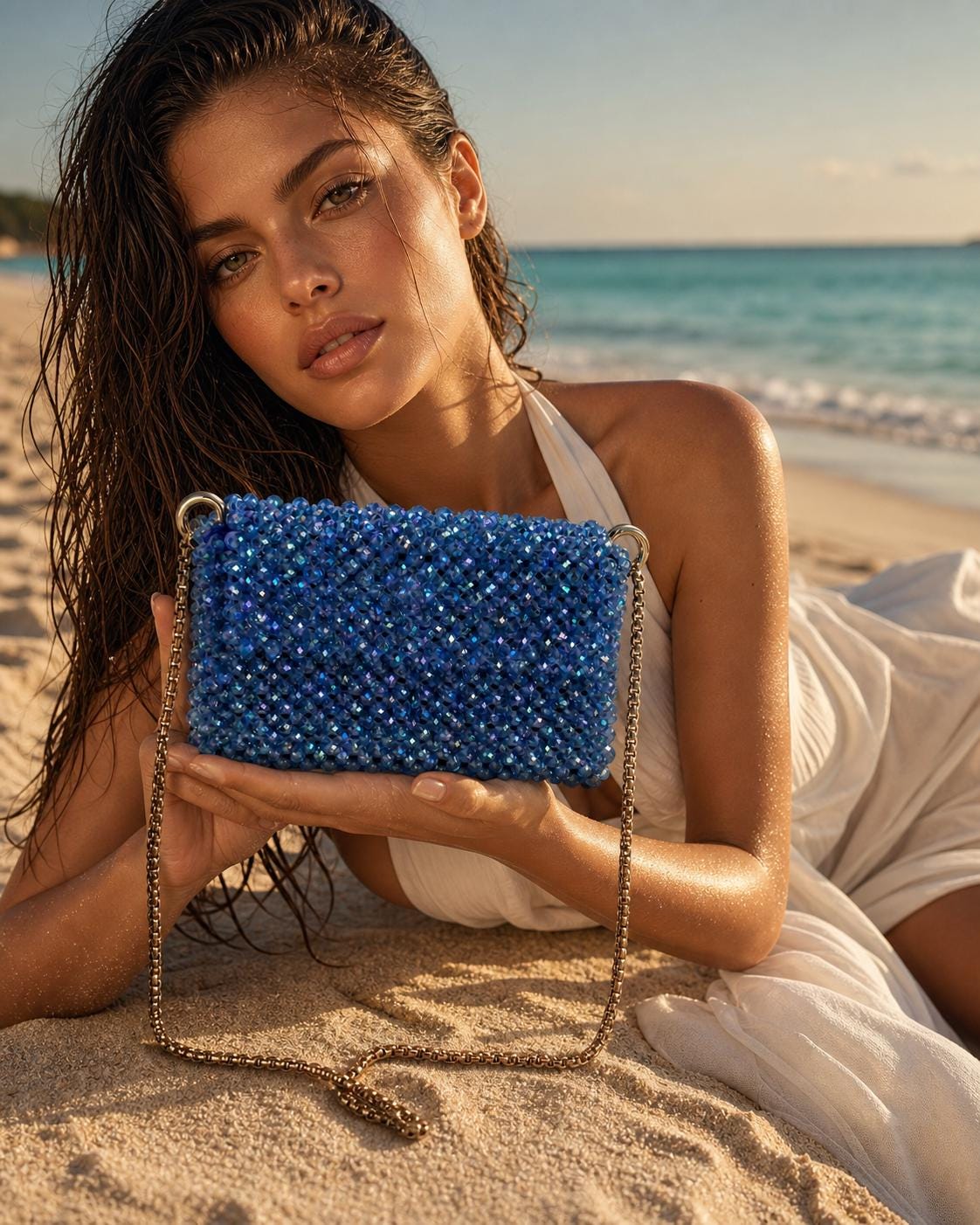 Royal Blue Crystal Beaded Clutch Purse, Gold Chain Shoulder Bag, Handmade Wedding Handbag