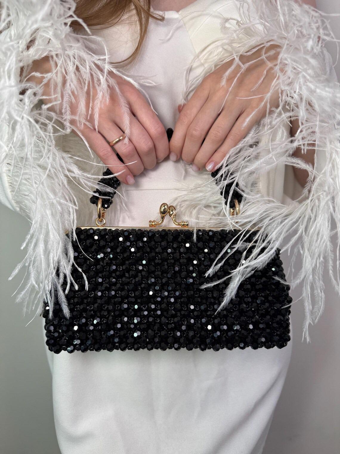 Black Crystal Beaded Evening Clutch Bag – Gold Kiss Lock Party Purse