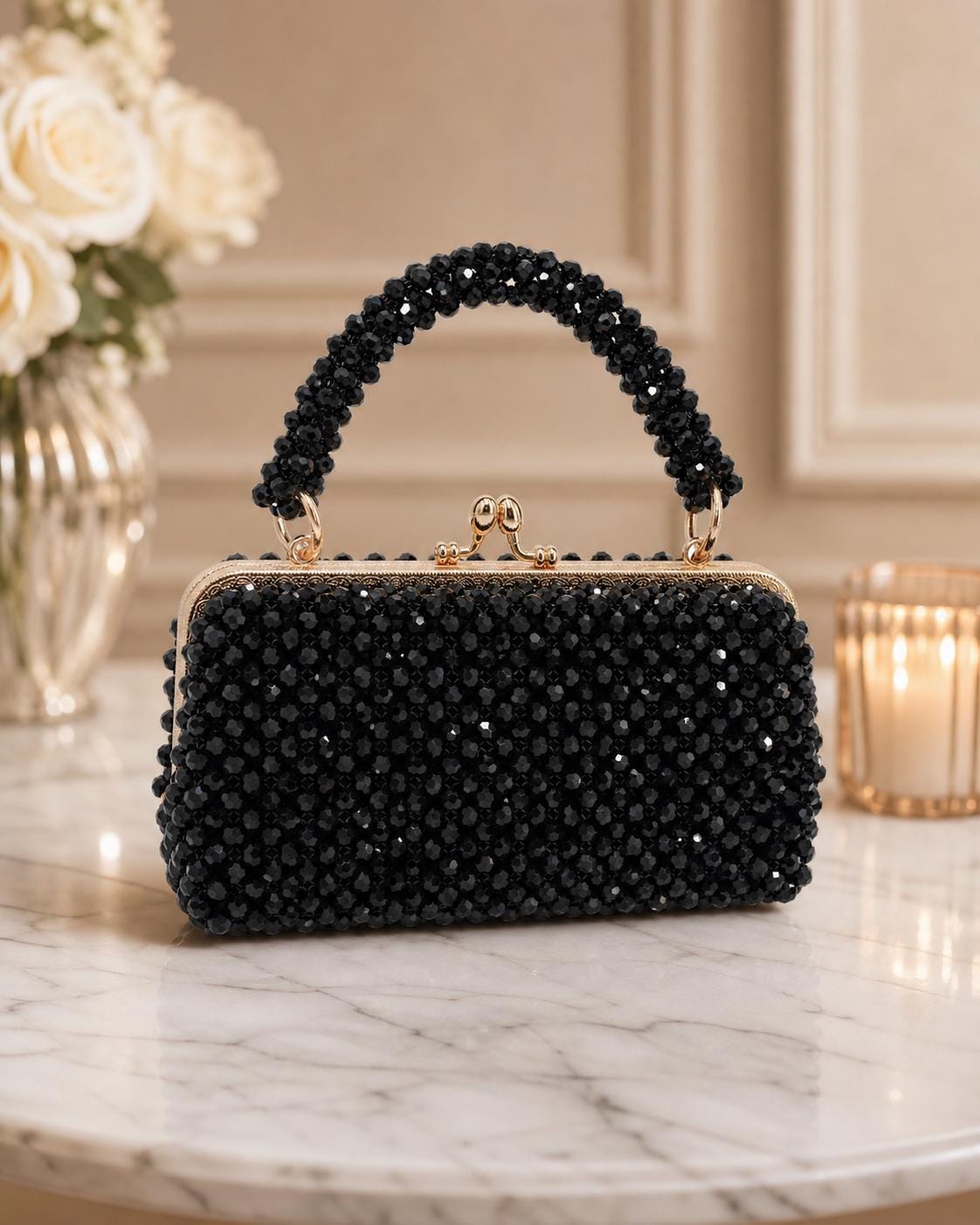 Black Crystal Beaded Evening Clutch Bag – Gold Kiss Lock Party Purse