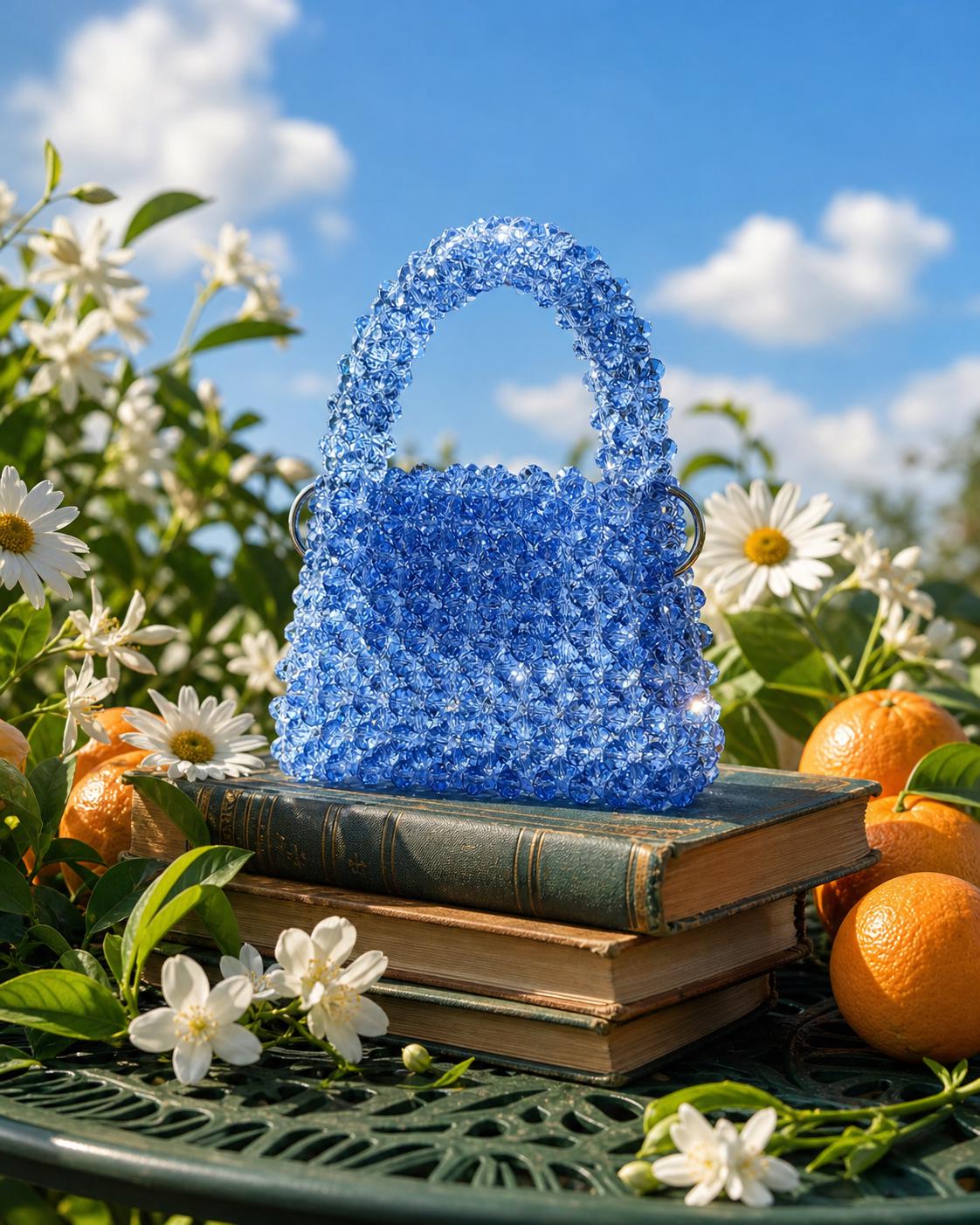 Handmade Blue Crystal Beaded Handbag | Acrylic Mini Tote Purse for Special Occasions
