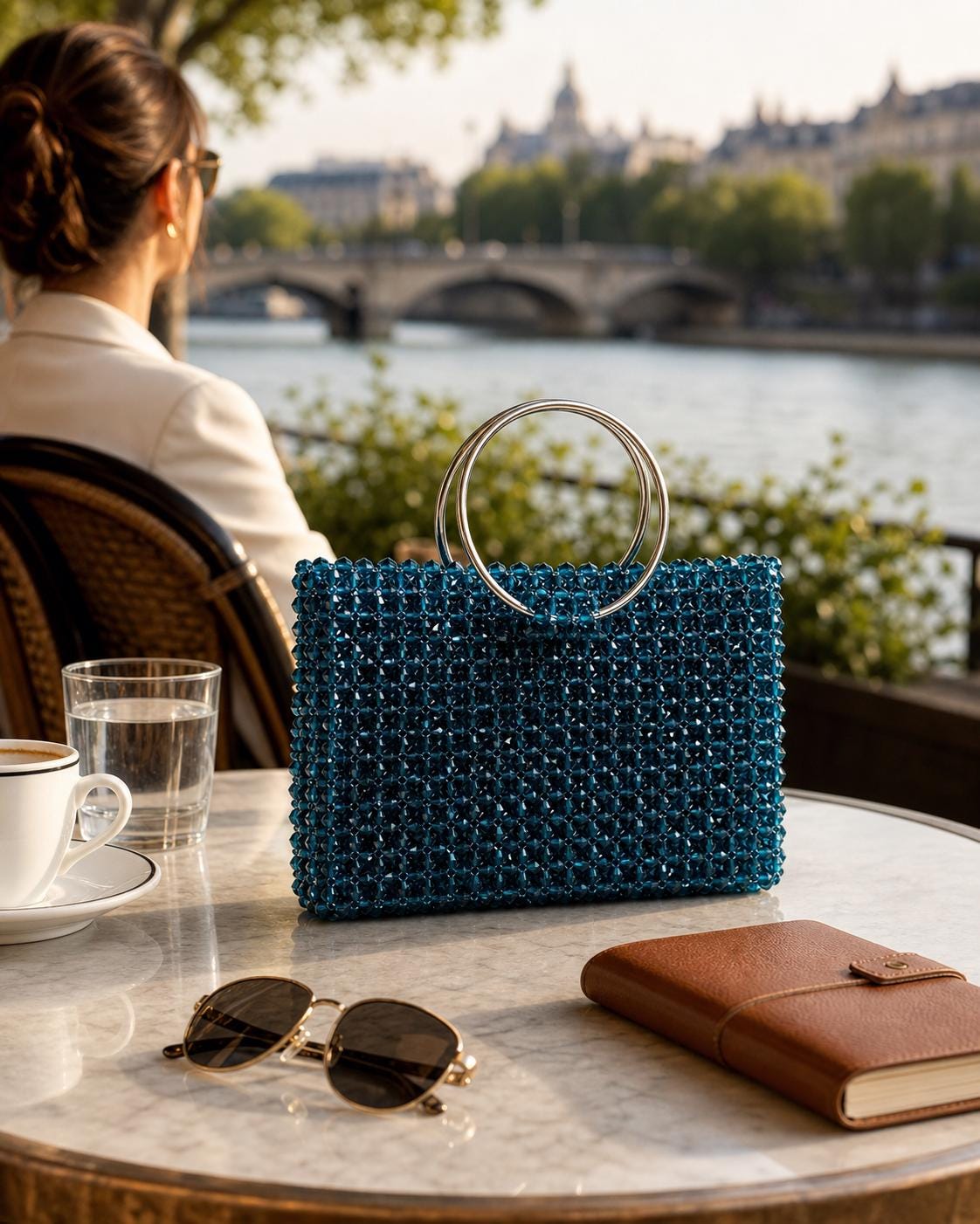 Blue Crystal Beaded Tote Bag | Handmade Acrylic Beads, Metal Ring Handles, Party Purse