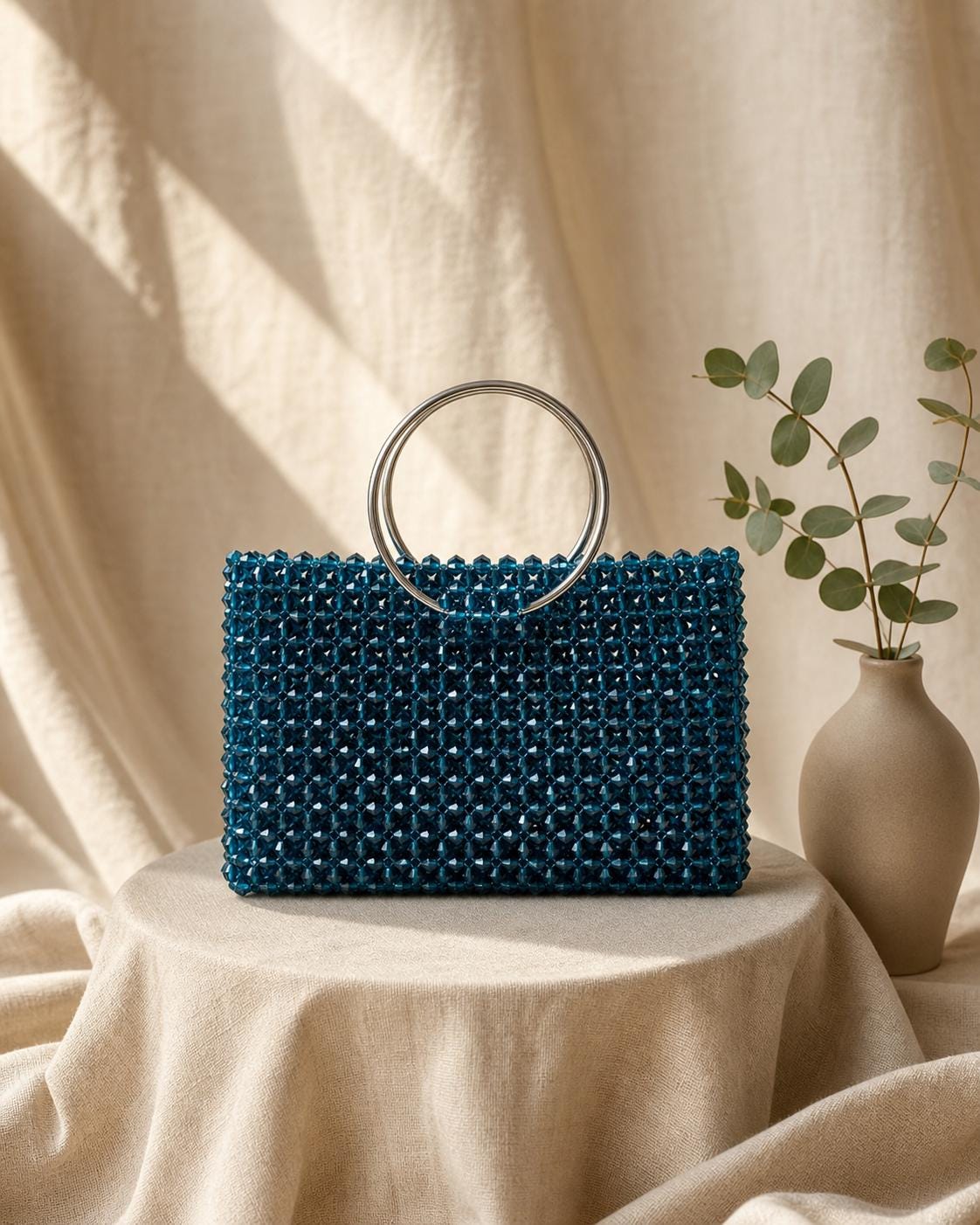 Blue Crystal Beaded Tote Bag | Handmade Acrylic Beads, Metal Ring Handles, Party Purse