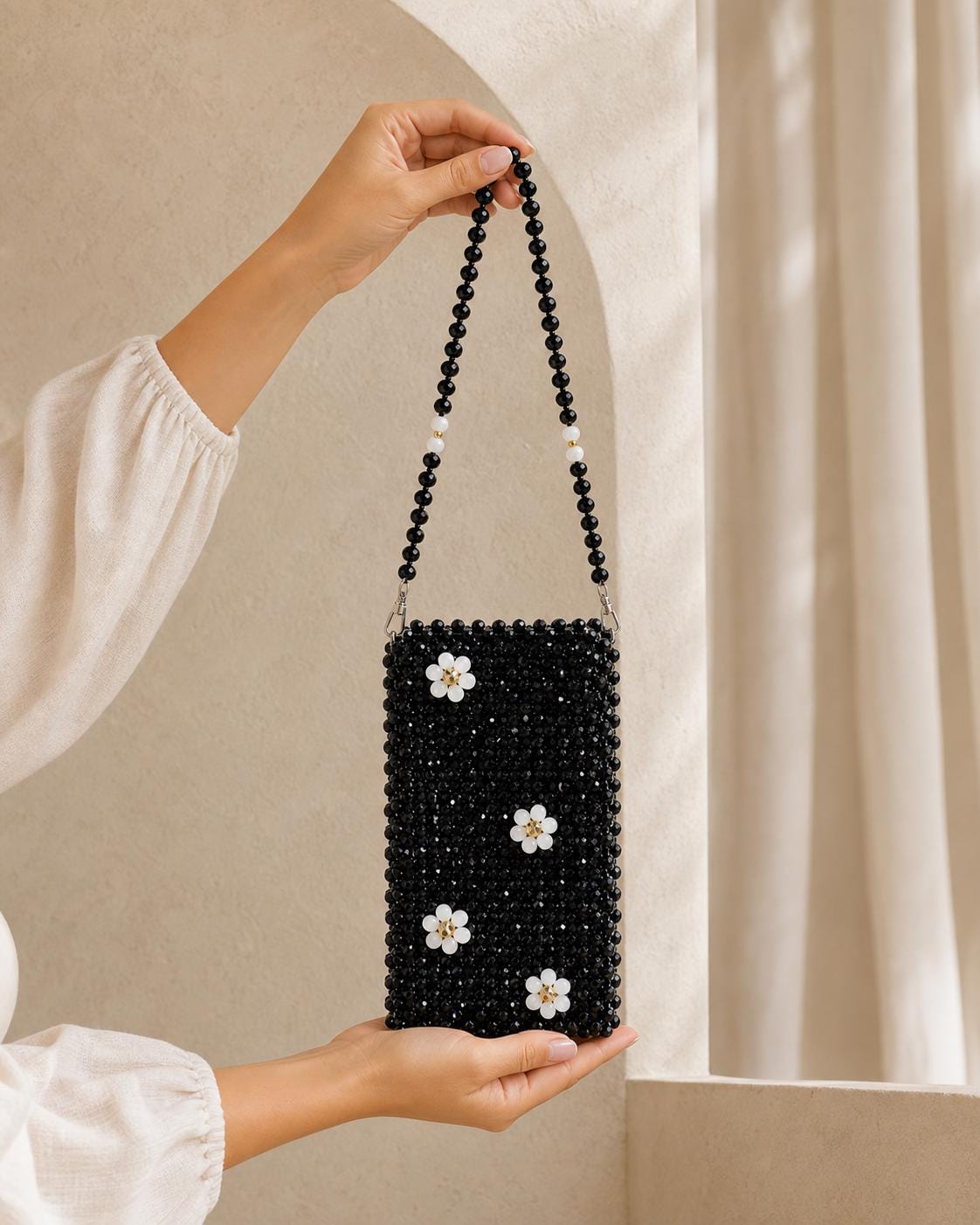 Black Beaded Sling Bag with Floral Embellishment | Mini Crossbody Party Shoulder Bag