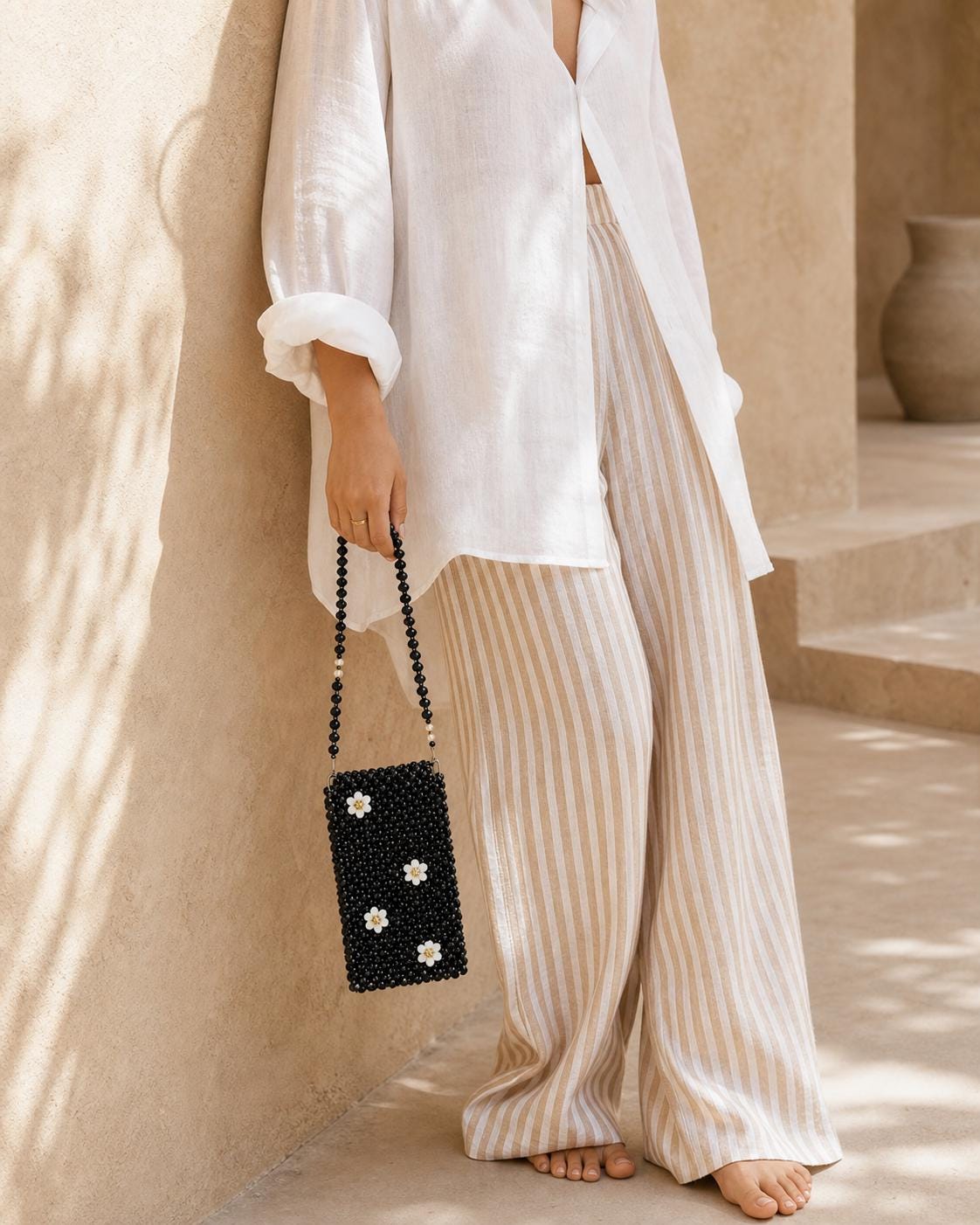 Black Beaded Sling Bag with Floral Embellishment | Mini Crossbody Party Shoulder Bag