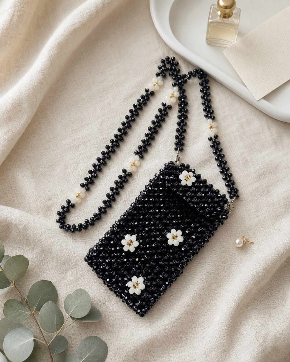 Black Beaded Sling Bag with Floral Embellishment | Mini Crossbody Party Shoulder Bag