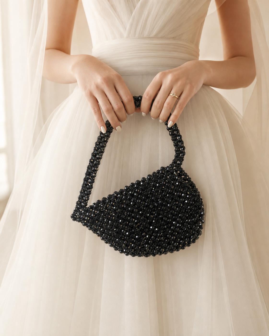 Handmade Black Crystal Beaded Top Handle Purse | Elegant Evening Clutch with Gold Pouch