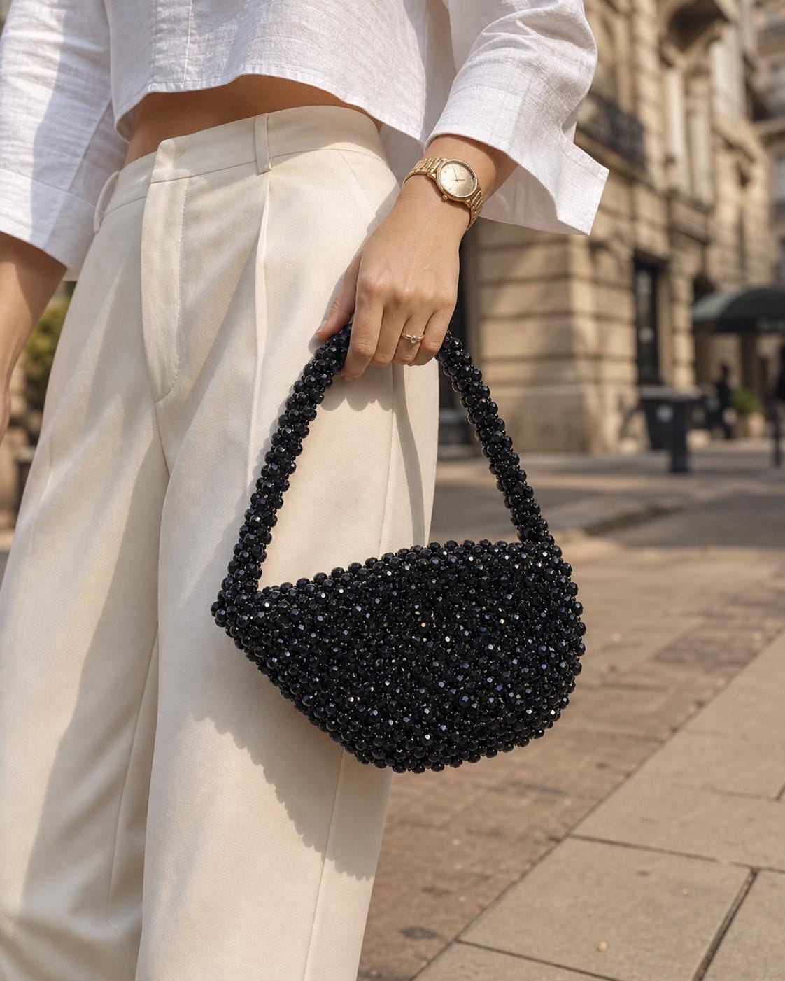Handmade Black Crystal Beaded Top Handle Purse | Elegant Evening Clutch with Gold Pouch