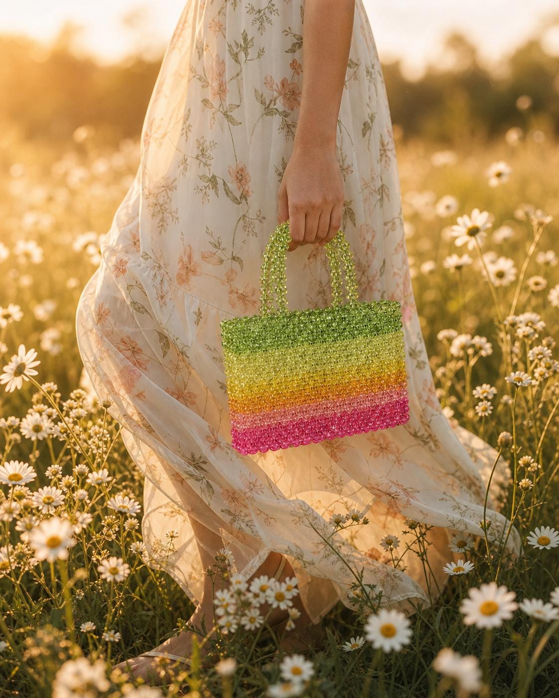 Handmade Ombre Beaded Tote Bag | Transparent Acrylic Top Handle Purse for Vacation Summer