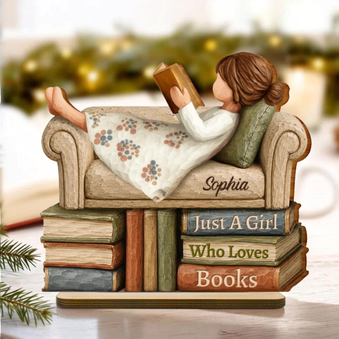 A Girl Boy Who Loves Books Wood Carving Style - Personalized Custom Shaped Wooden Plaque - Christmas Gift For Book Lover, Bookworm