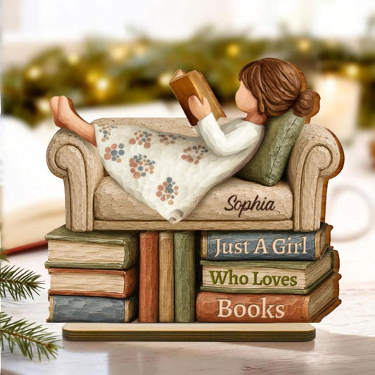 A Girl Boy Who Loves Books Wood Carving Style - Personalized Custom Shaped Wooden Plaque - Christmas Gift For Book Lover, Bookworm