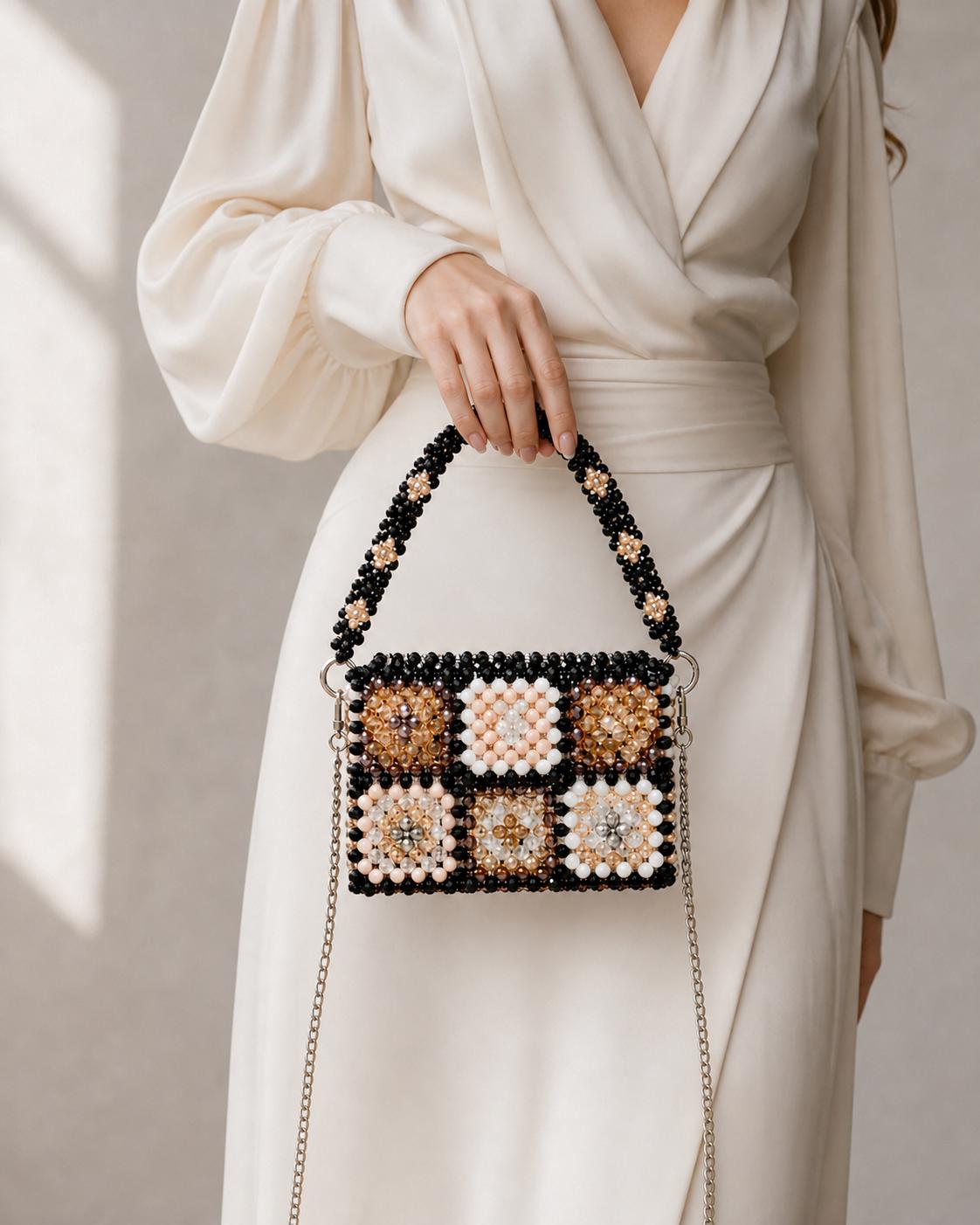 Handmade Beaded Crossbody Bag – Crystal Pearl Shoulder Purse with Chain Strap