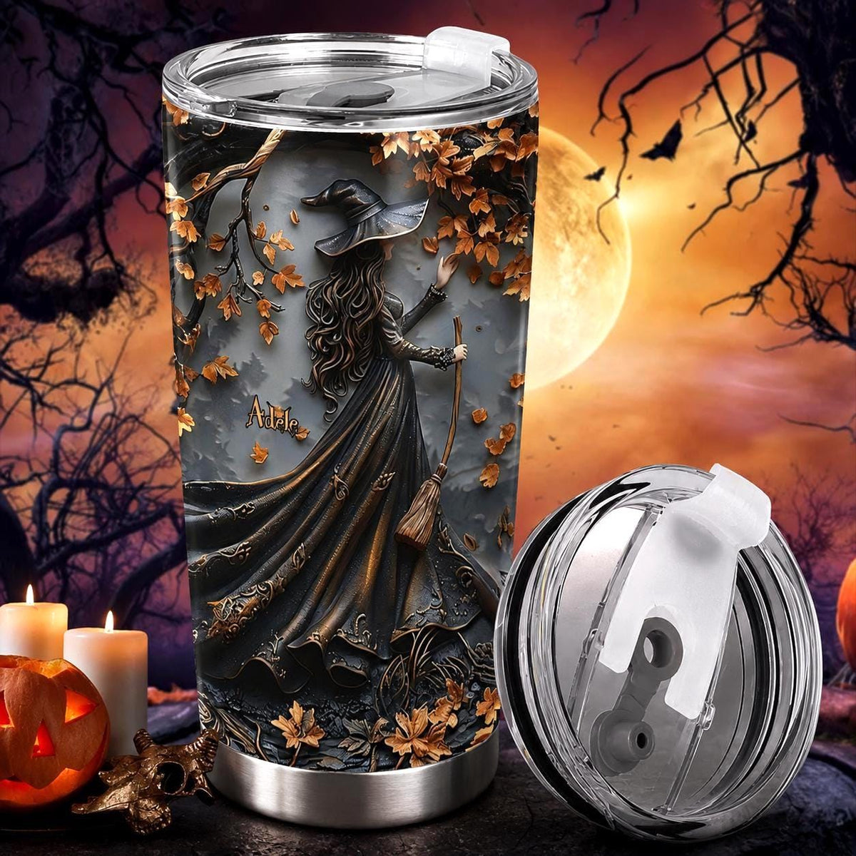Witch Halloween Tumbler, Personalized Oil Paint Effect Drinkware, Stainless Steel 20oz