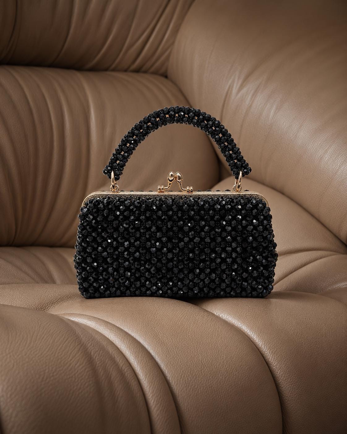 Black Crystal Beaded Evening Clutch Bag – Gold Kiss Lock Party Purse