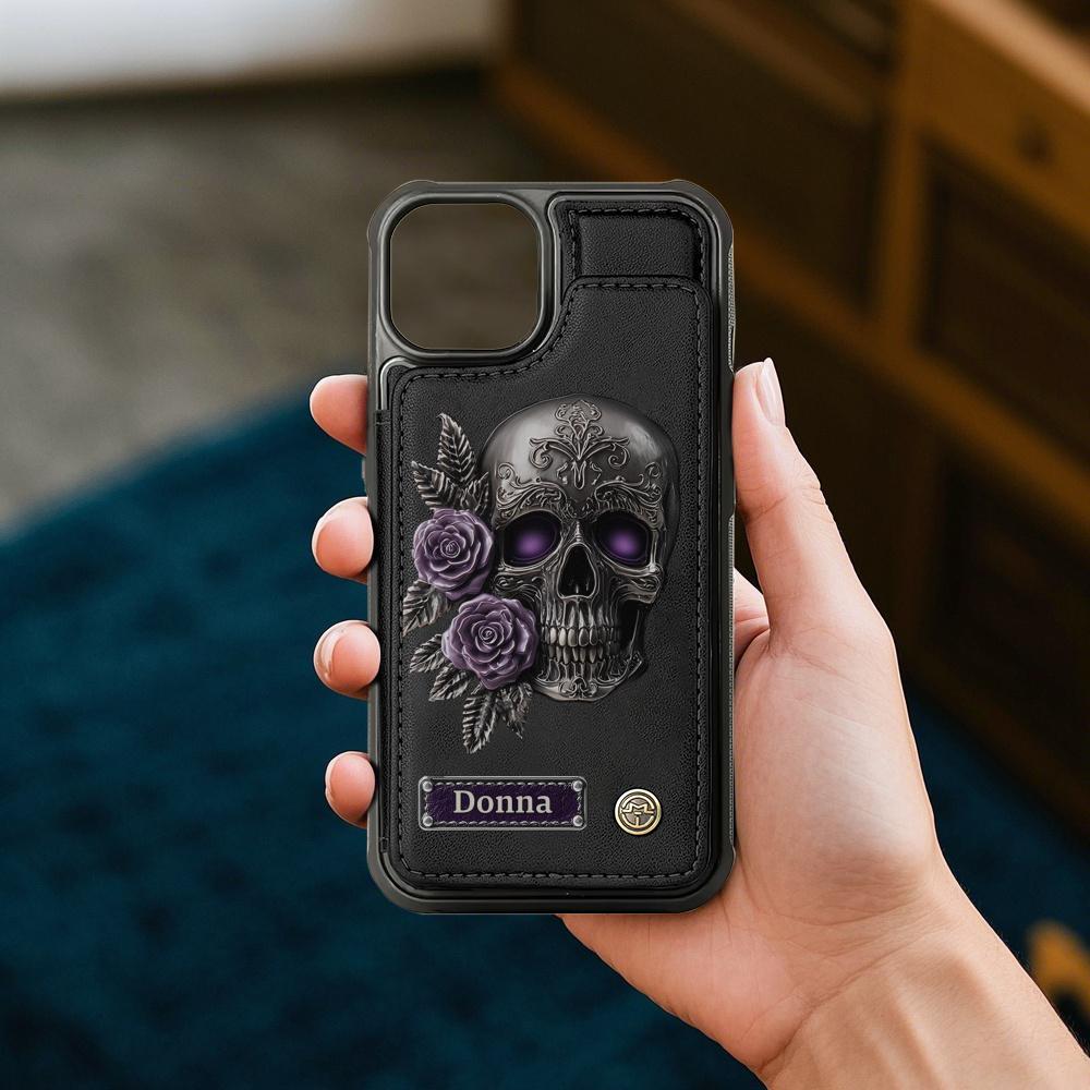 Skull And Roses - Personalized Skull Wallet Phone Case, PU Leather Phone Stand, Gothic Skeleton Phone Cover, Halloween Gift, Christmas Gift