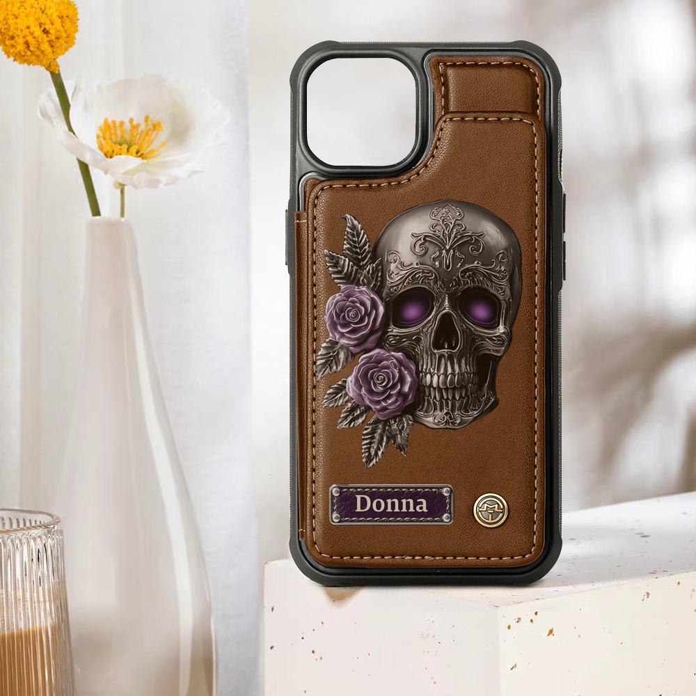 Skull And Roses - Personalized Skull Wallet Phone Case, PU Leather Phone Stand, Gothic Skeleton Phone Cover, Halloween Gift, Christmas Gift