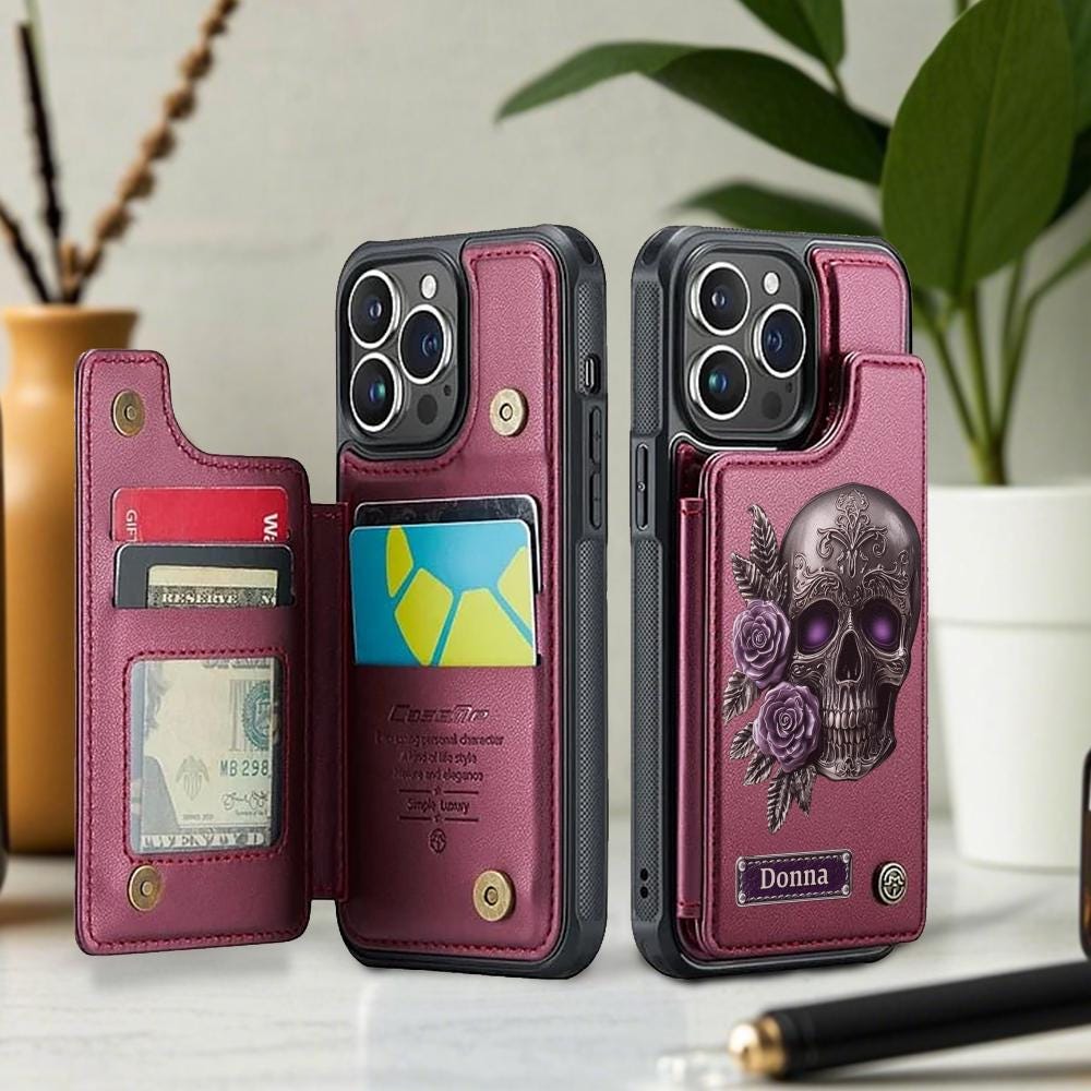 Skull And Roses - Personalized Skull Wallet Phone Case, PU Leather Phone Stand, Gothic Skeleton Phone Cover, Halloween Gift, Christmas Gift