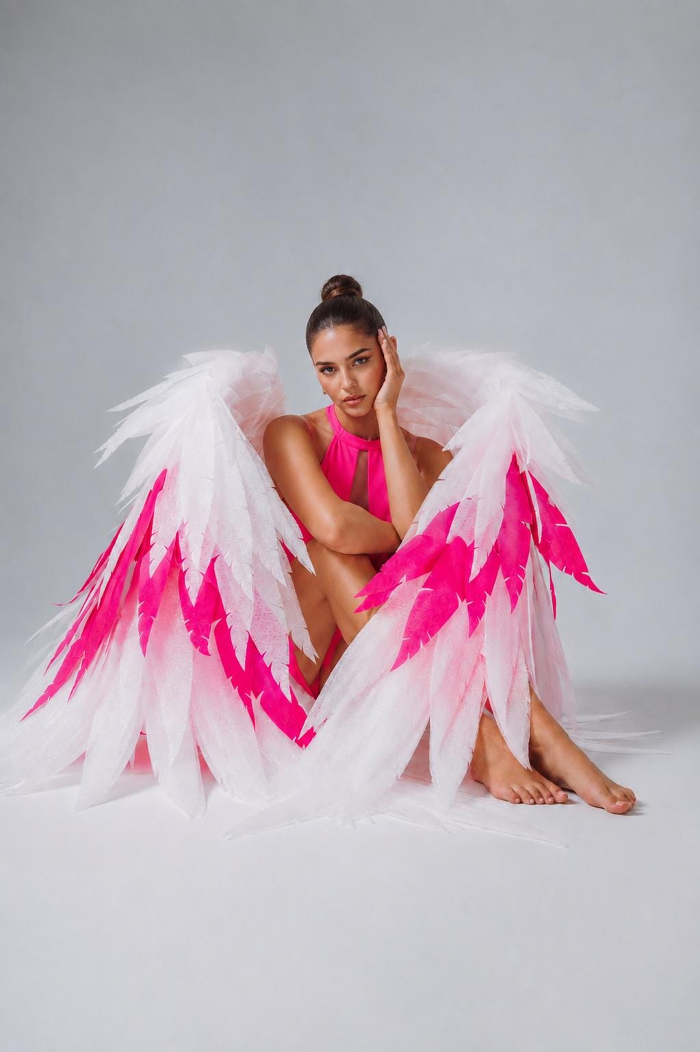 May include: Large decorative wings featuring layered white and vibrant hot pink feathers. The wings are constructed with a structured frame and are designed to be worn, showcasing a gradient color pattern that transitions from white to pink.